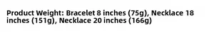 Size chart for 20mm Cuban chain necklaces and bracelets with weight and length specs