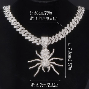 Iced out spider pendant on Cuban link chain with detailed size measurements