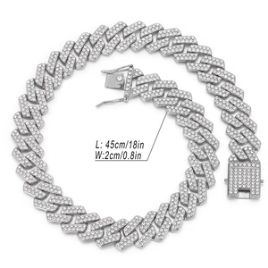 Close-up of 20mm silver Cuban link chain with double-row rhinestones and dimensions