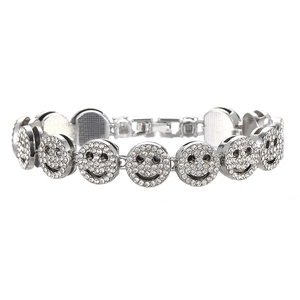 Sparkling silver Cuban chain bracelet with 12mm pave rhinestone smiling face charms