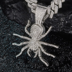 Iced out spider pendant necklace with crystal cuban link chain in hip hop style