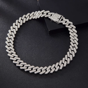 Close-up of 20mm silver Cuban link chain with double row crystals and square iced-out buckle