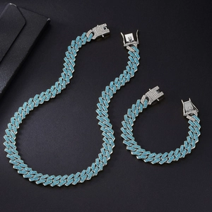 Punk Hip Hop Alloy Rhinestone Cuban Link Chain Jewelry Set For Unisex Iced Out Colorful Necklace And Bracelet Set Fashion Jewelry