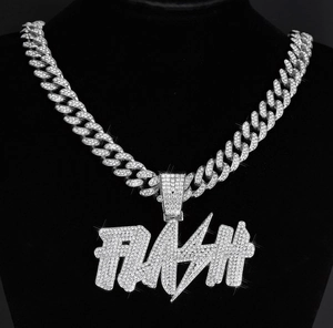 Detail of hip-hop Cuban chain necklace with FLASH lightning pendant and inlaid rhinestones