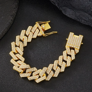 Iced out 20mm gold Cuban link chain necklace with double row rhinestones for hip hop style
