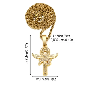 Gold plated hip hop Ankh cross necklace with winged Eye of Horus and CZ diamond stones