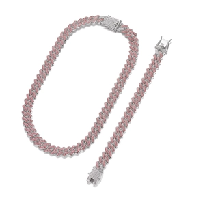 Close-up of pink rhinestone encrusted 14mm Cuban link necklace and bracelet set