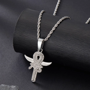 Hip Hop Alloy Rhinestone Eye of Horus Ankh Cross Pendant Necklace With Rope Chain Retro Egyptian Jewelry For Men Women