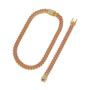 Close-up of hip hop cuban link set with gold plating and paved pink rhinestones