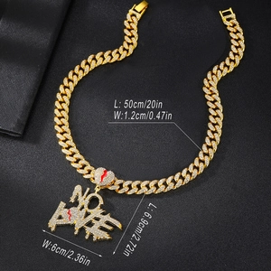 Iced out gold cuban link necklace with NO LOVE broken heart pendant for hip hop style
