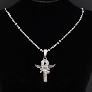 Close-up of Eye of Horus Ankh pendant necklace with silver plating and micro-pave crystals
