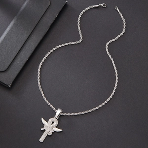 Hip hop silver winged Ankh pendant necklace with sparkling rhinestones and rope chain