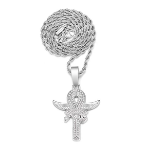 Hip hop silver Ankh cross necklace with Eye of Horus and pavé crystals on rope chain