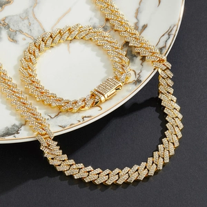 Ensemble de bijoux luxe chaîne cubaine 11mm dorée avec strass brillants pour femme
