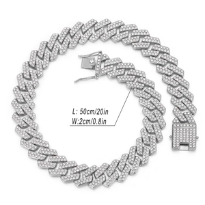 20mm silver Cuban link chain with double row diamonds, 50cm length hip hop necklace