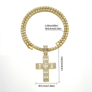 Hip hop tennis chain with iced out cross pendant in gold finish, 50cm necklace