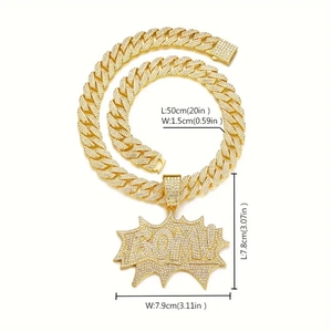 Hip hop gold Cuban chain with BOM iced out pendant and sparkling crystal rhinestones