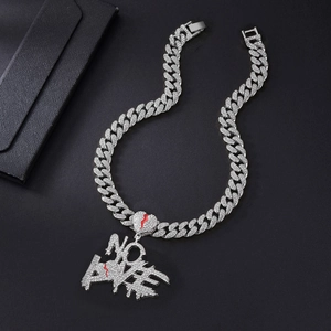 Hip hop silver tone necklace with NO LOVE letters and red cracked heart pendant