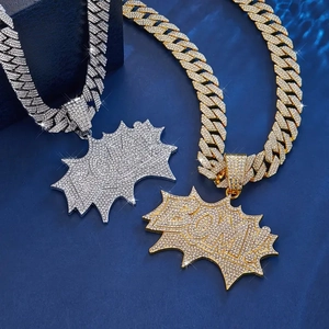 Hip Hop Iced Out Rhinestone BOM Letter Pendant Necklace For Men Women Alloy Cuban Link Chain Streetwear Jewelry