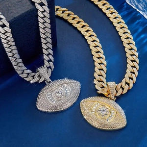 Hip Hop Evil Eye Pendant Necklace For Men Alloy Iced Out Rhinestone Cuban Link Chain Personalized Streetwear Jewelry