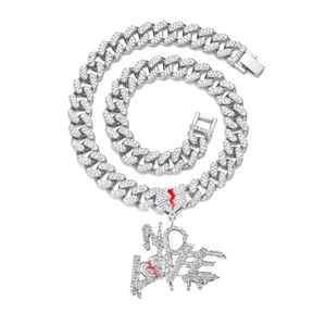 Silver plated cuban chain necklace with NO LOVE letter pendant and red broken heart detail