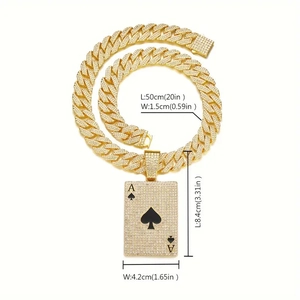 Iced out gold hip hop cuban link necklace with Ace of Spades poker pendant and rhinestones