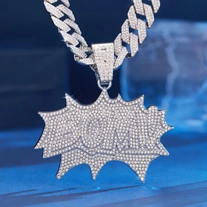 Hip-hop style silver plated BOOM iced out pendant necklace with wide Cuban chain