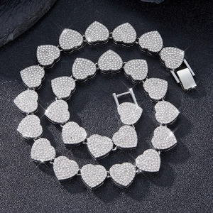 Collier Bracelet Maille Cubaine Cœur Iced Out Bijoux Hip Hop Homme Femme Alliage Pavé de Strass Chaîne à Maillons Cœur