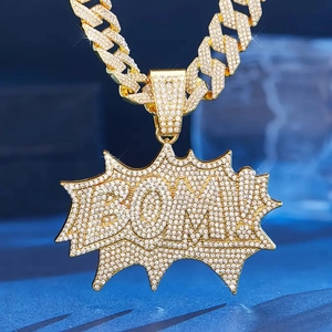 Hiphop gold plated Cuban chain necklace with iced-out BOM bubble pendant and white zircons