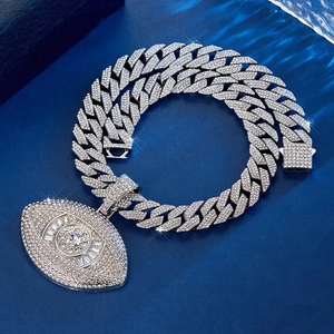 Hip hop style silver Cuban chain necklace with iced out evil eye pendant for men