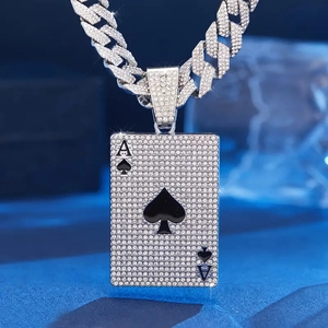 Iced-out Ace of Spades poker pendant with silver Cuban link chain in hip hop style