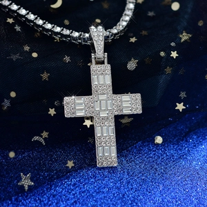 Hip Hop Iced Out Cross Pendant Necklace For Unisex Alloy Rhinestone Baguette Cut Jewelry Tennis Rope Chain Accessory