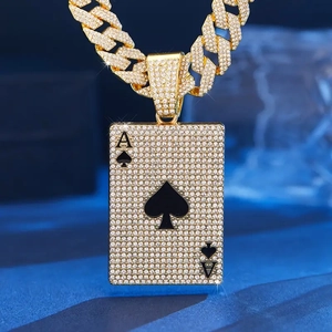 Hip hop gold plated ace of spades pendant with iced out cuban link chain for men