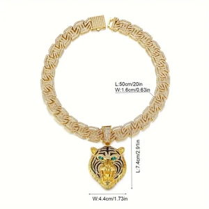 Collana hip hop con pendente a tigre in strass e occhi verdi, catena cubana lunga 50 cm