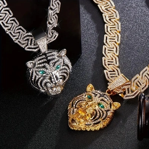 Collana con Ciondolo Testa di Tigre Hip Hop Iced Out Catena Cubana in Lega Strass per Uomo Donna Gioielli Streetwear