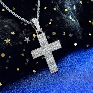 Iced out baguette cut hip-hop cross pendant with silver rope chain for men and women