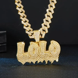 Iced out gold Cuban link chain necklace with LOLO letter pendant for men and women
