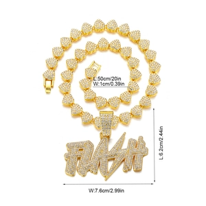 Hip-hop gold FLASH pendant necklace with pavé rhinestones and heart-shaped chain links