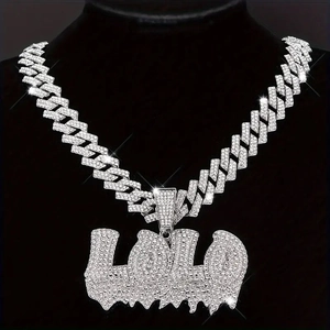 Hip-hop Cuban link necklace with iced out LOLO letter pendant and dripping design