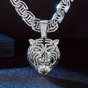 Pendaglio testa di tigre hip-hop da uomo con cristalli e catena geometrica larga