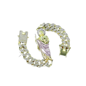 12mm Iced Out Gliederkette mit St. Judas Anhänger und violetten Emaille Details