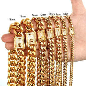 Collier Bracelet à Maillons Cubains en Acier Inoxydable Plaque Or Hip Hop Avec Fermoir à Cassette en Strass pour Homme Femme