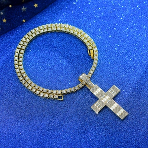 Hip-hop cross pendant necklace with clear cubic zirconia on double tennis chain