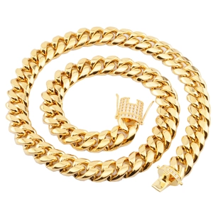 Chaîne cubaine en acier inoxydable doré avec fermoir serti pour look hip-hop tendance