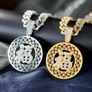 Iced Out Rhinestone Fu Character Round Pendant Necklace Alloy Hip Hop Cuban Chain Gold Silver Lucky Charm Jewelry For Men Women