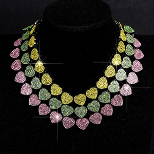 Three-layer iced out Cuban chain necklace with colorful rhinestone heart pendants