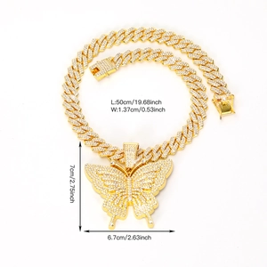 Detailed dimensions of iced-out butterfly pendant and chunky hip hop cuban link chain