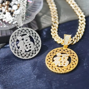 Chinese character Fu pendant hip hop necklaces in gold and silver finish with rhinestones