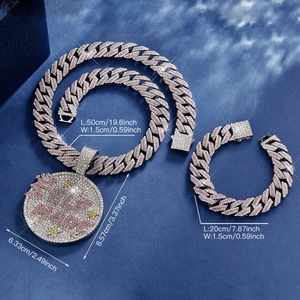 Hip hop jewelry set with pink rhinestone pendant and 15mm cuban chain for men