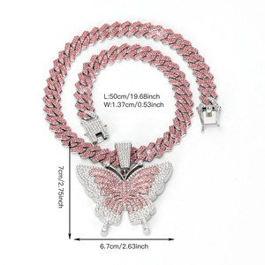 Hip-hop Cuban link chain with large iced-out pink and white butterfly pendant